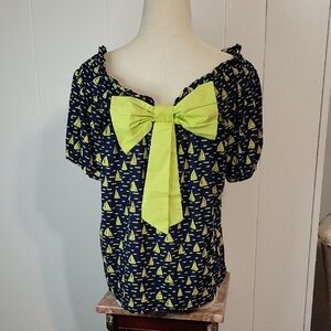 Navy and Lime Green Sailboat Print Top with Bow On Back